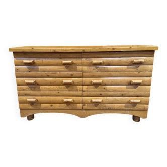 Commode double vintage en pin massif - 6 tiroirs - Années 70