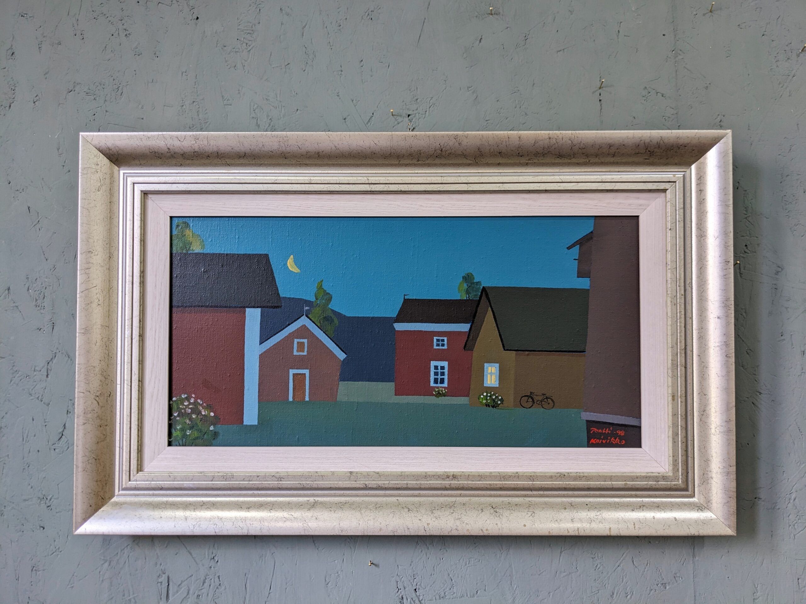 Contemporary Modernist Style Swedish "Houses at Midnight" Framed Street Scene Oil Painting, 1998