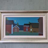 Style moderniste contemporain suédois « Maisons à minuit » Peinture à l’huile encadrée de scène de rue, 1998