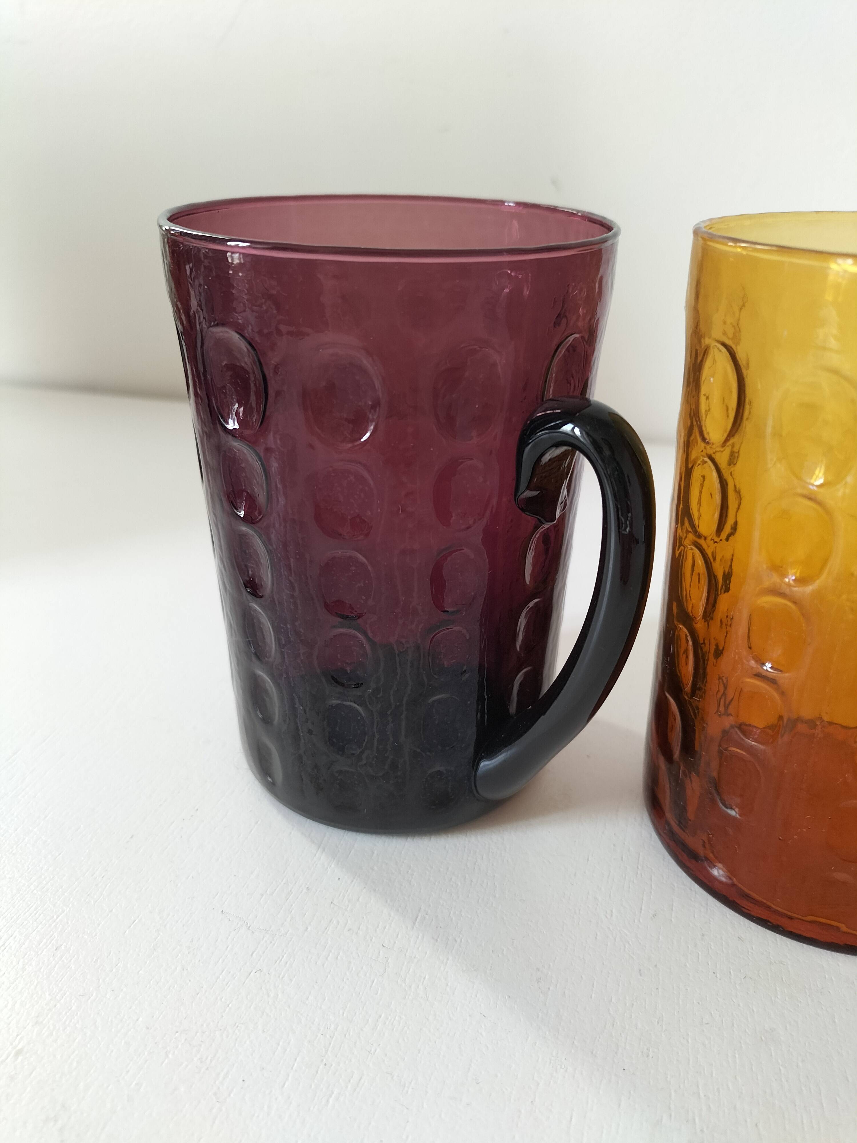 Set of 4 coloured pressed glass mugs, vintage style.
