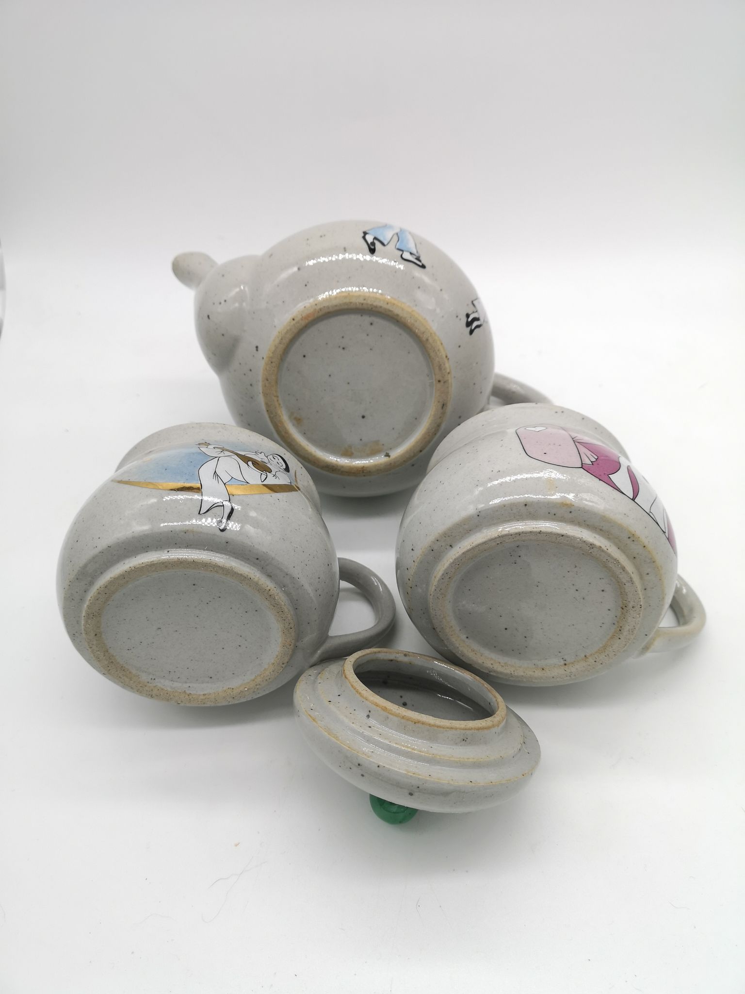 Teapot and two ceramic cups Korea vintage Pierrot Colombine