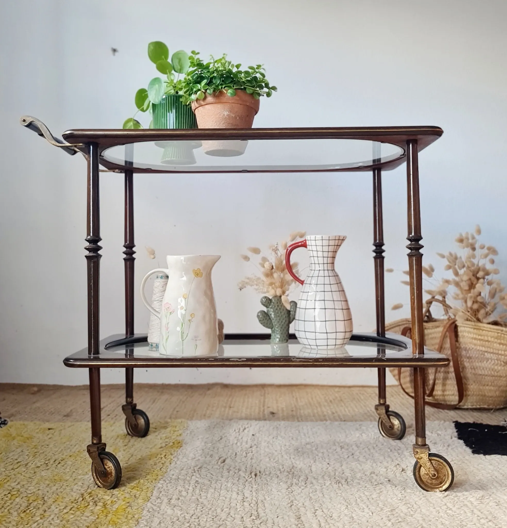 Vintage stained wood and clear glass sideboard – 1950s/60s