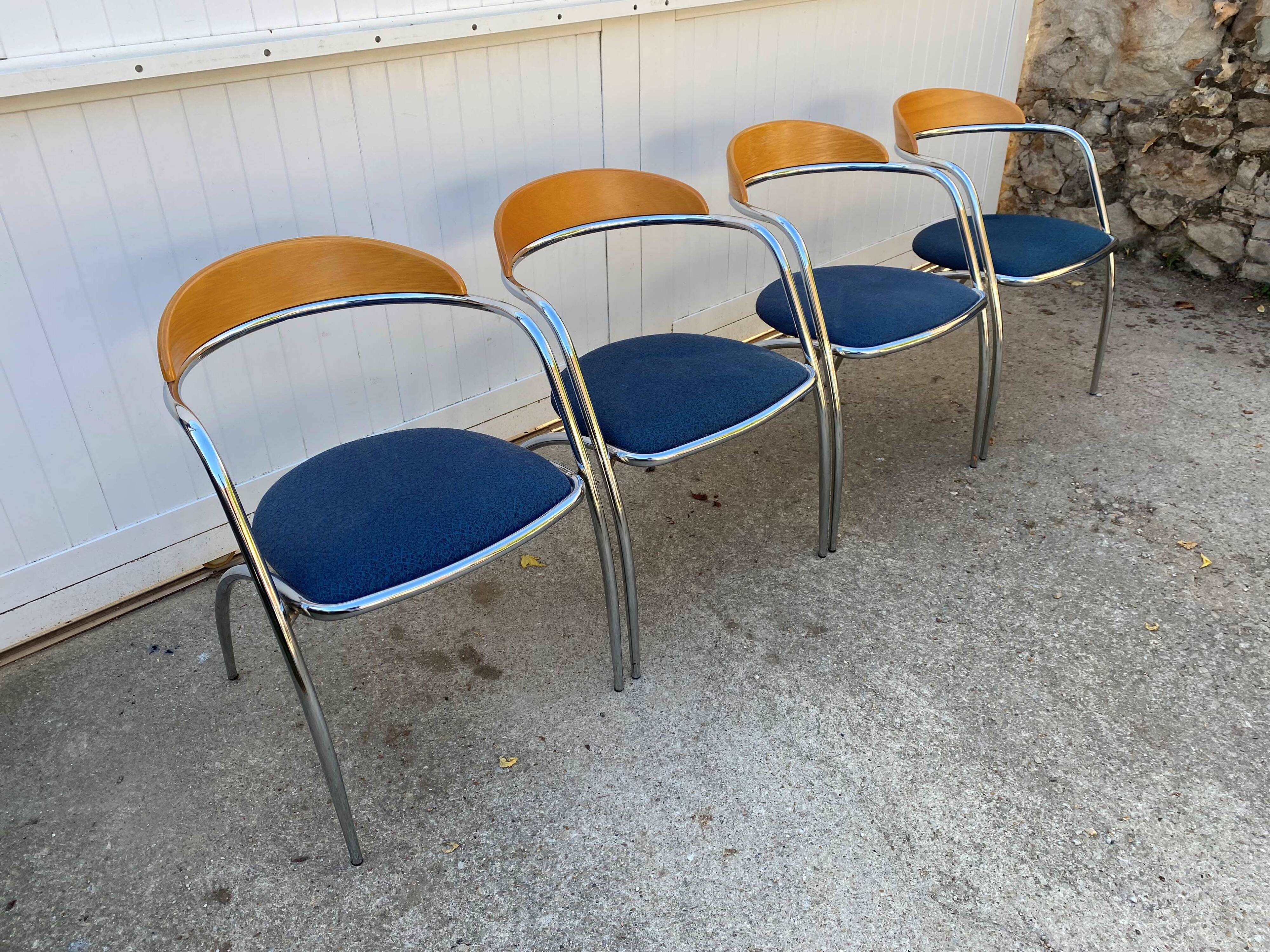 Set of 4 chairs with armrest Effezeta chrome blue fabric and wood an2000