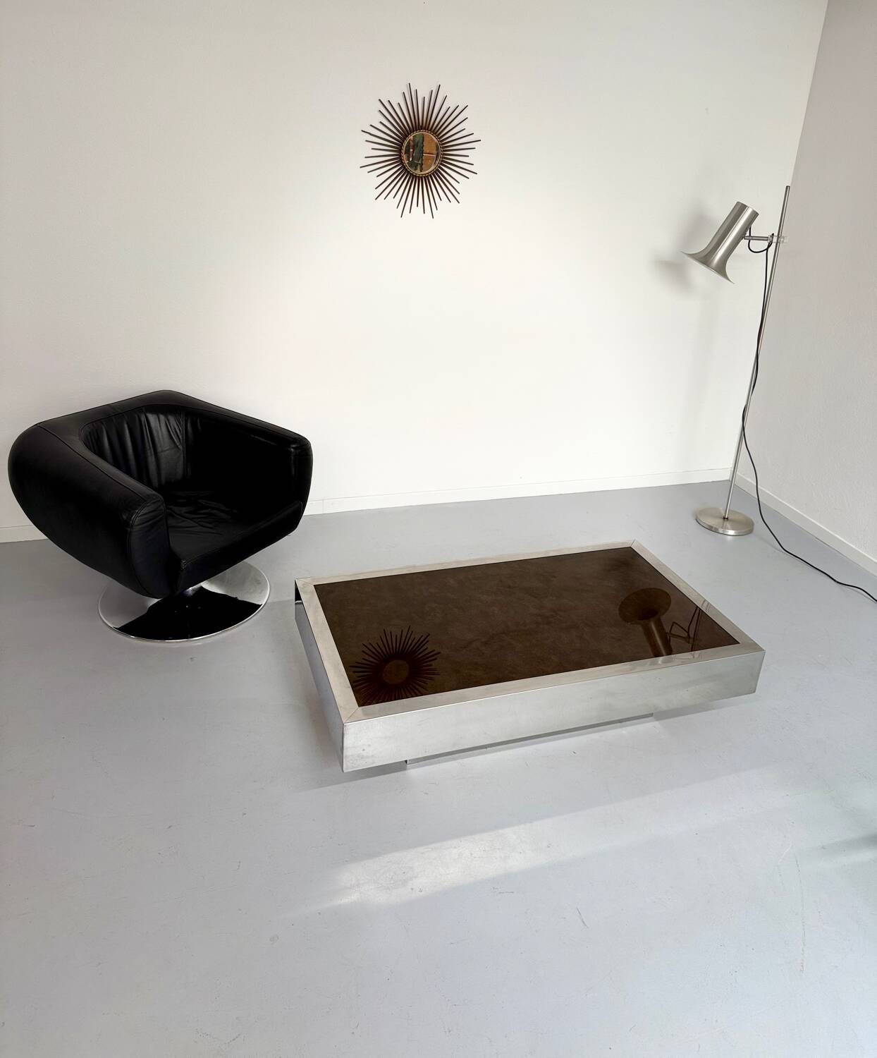 Italian coffee table in chromed metal and vintage brown glass top 70s