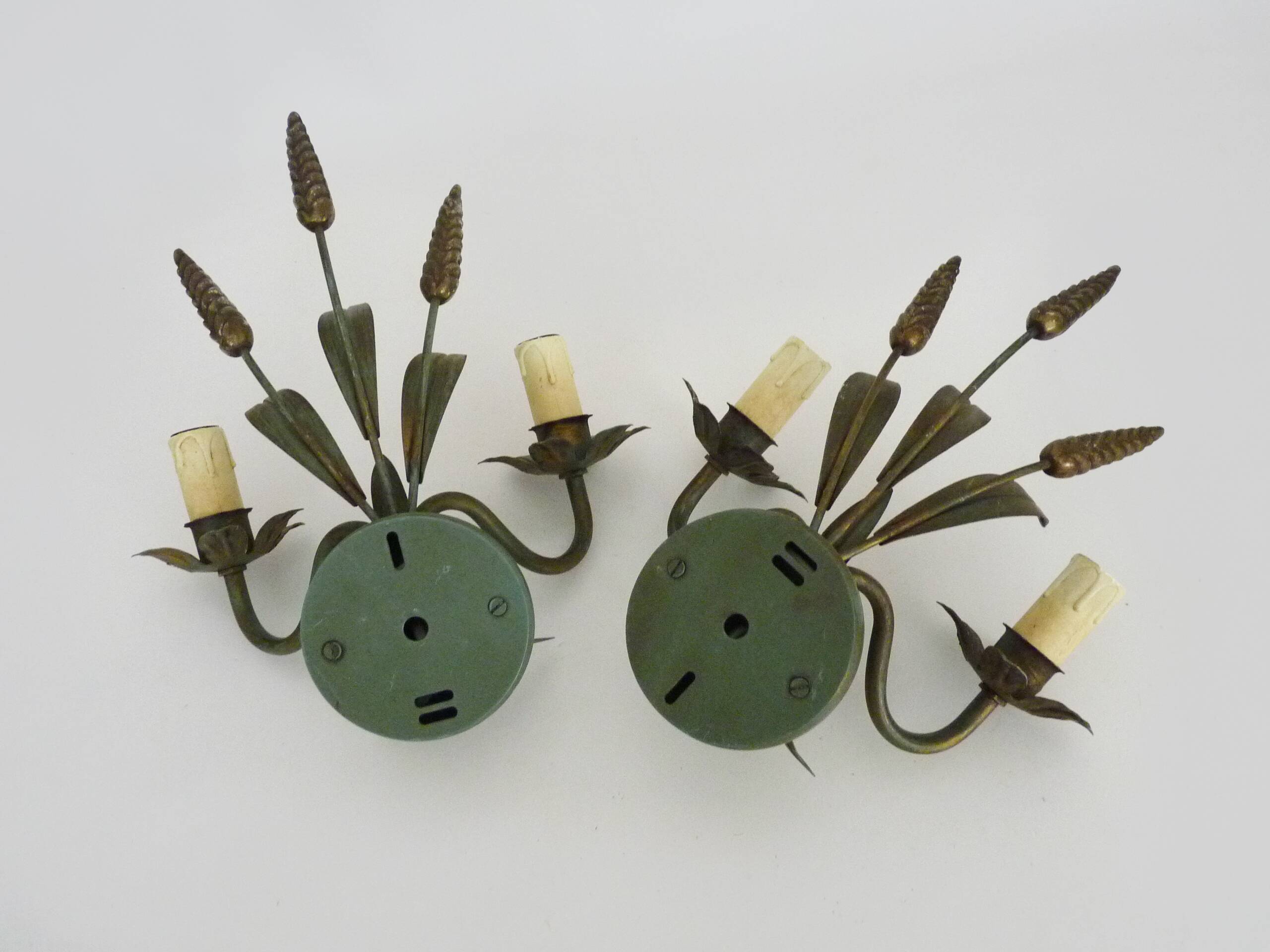 Paire d'appliques murales épis de blé ancienne en métal vert et or