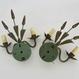 Paire d'appliques murales épis de blé ancienne en métal vert et or