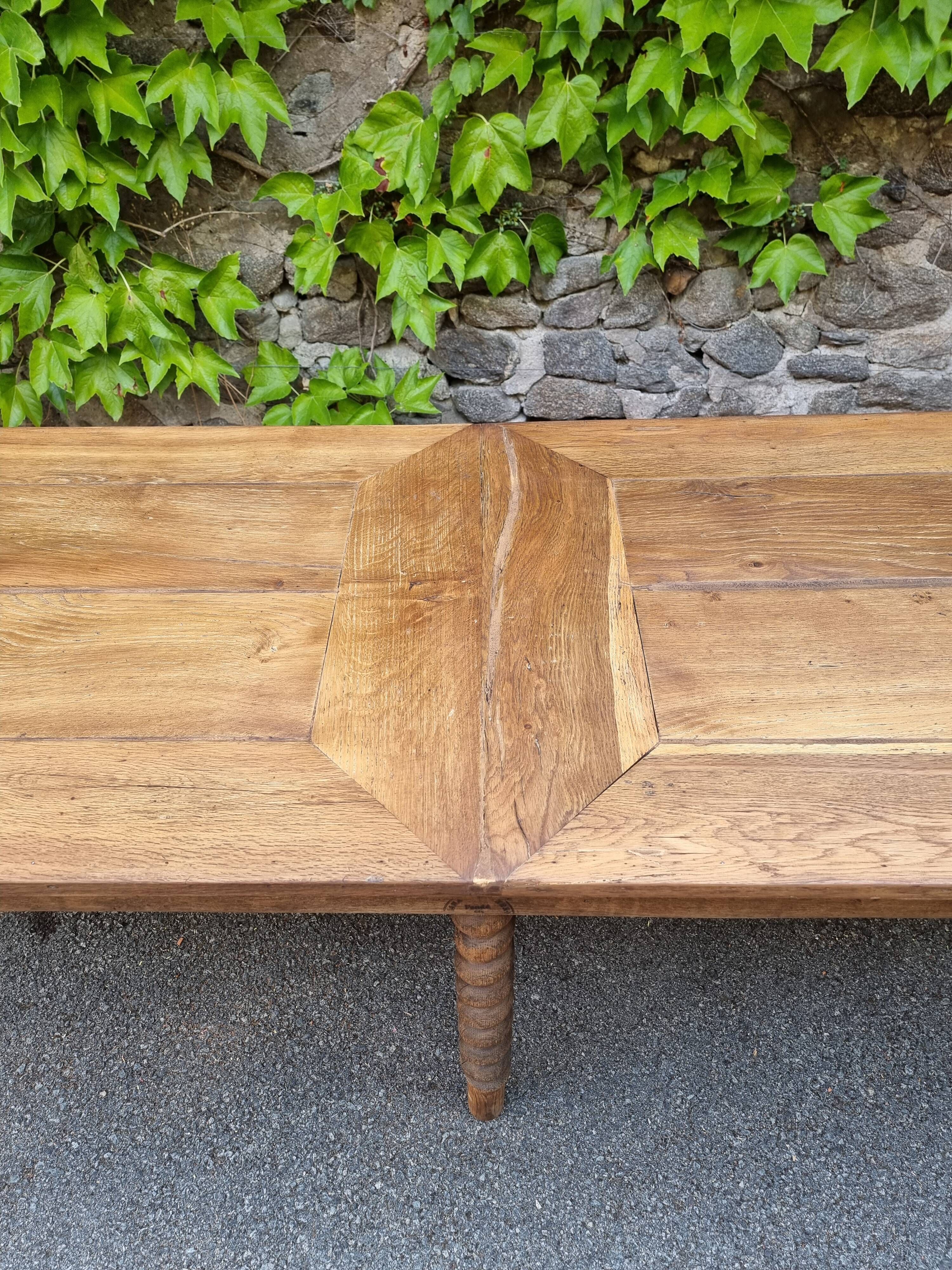 Antique French draper's table in oak, shop counter, work table, 6 feet, circa 1750–1850.