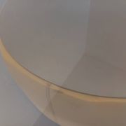 Vintage round coffee table in glass, leather, and metal in Space Age style from the 70s.
