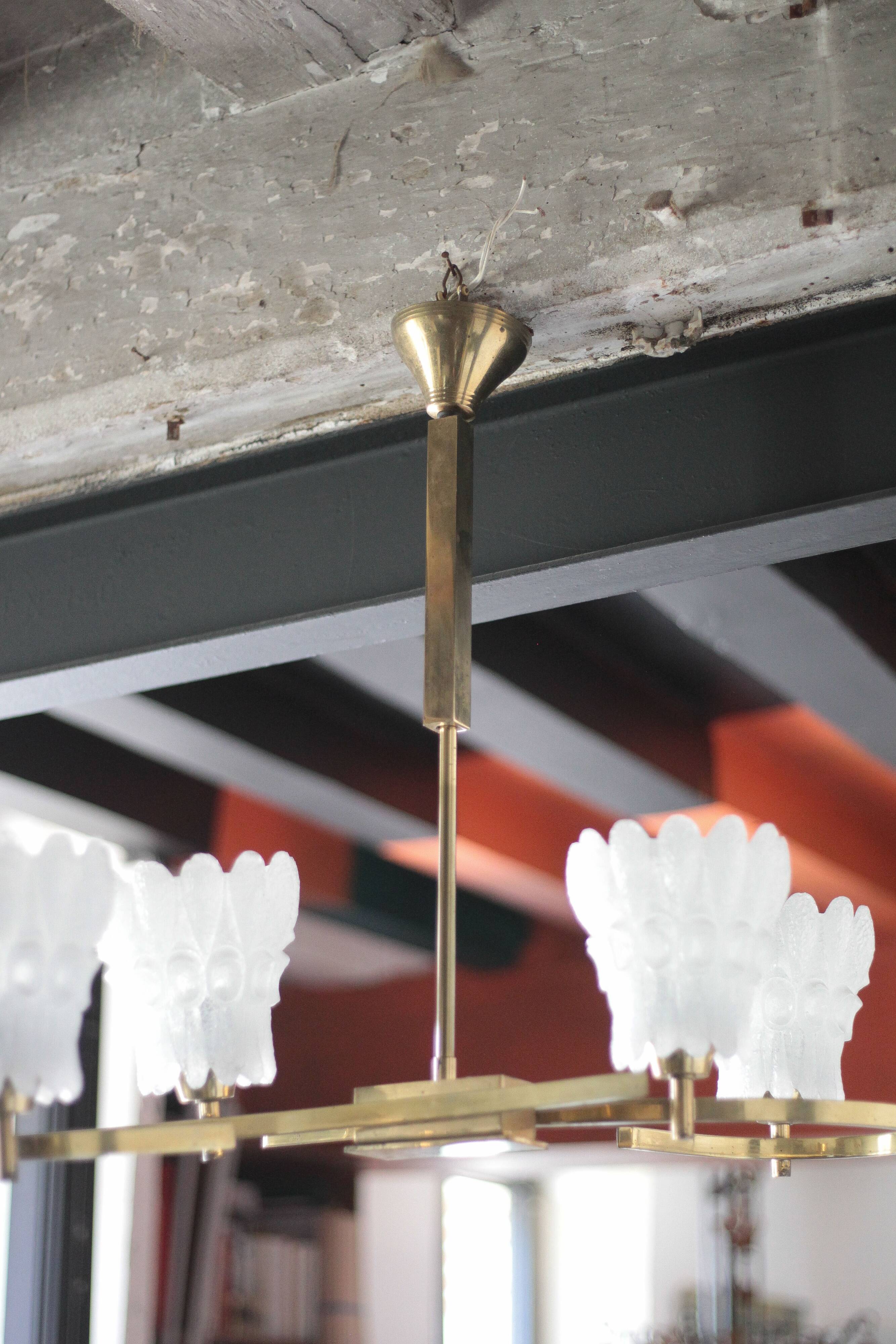 Vintage brass suspension with thick milk glass globe, brass chandelier.