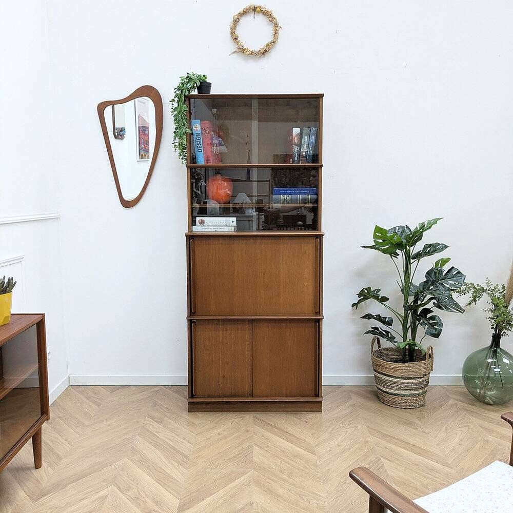 Vintage library by Didier Rozaffy for Oscar, oak and glass, 1950s.