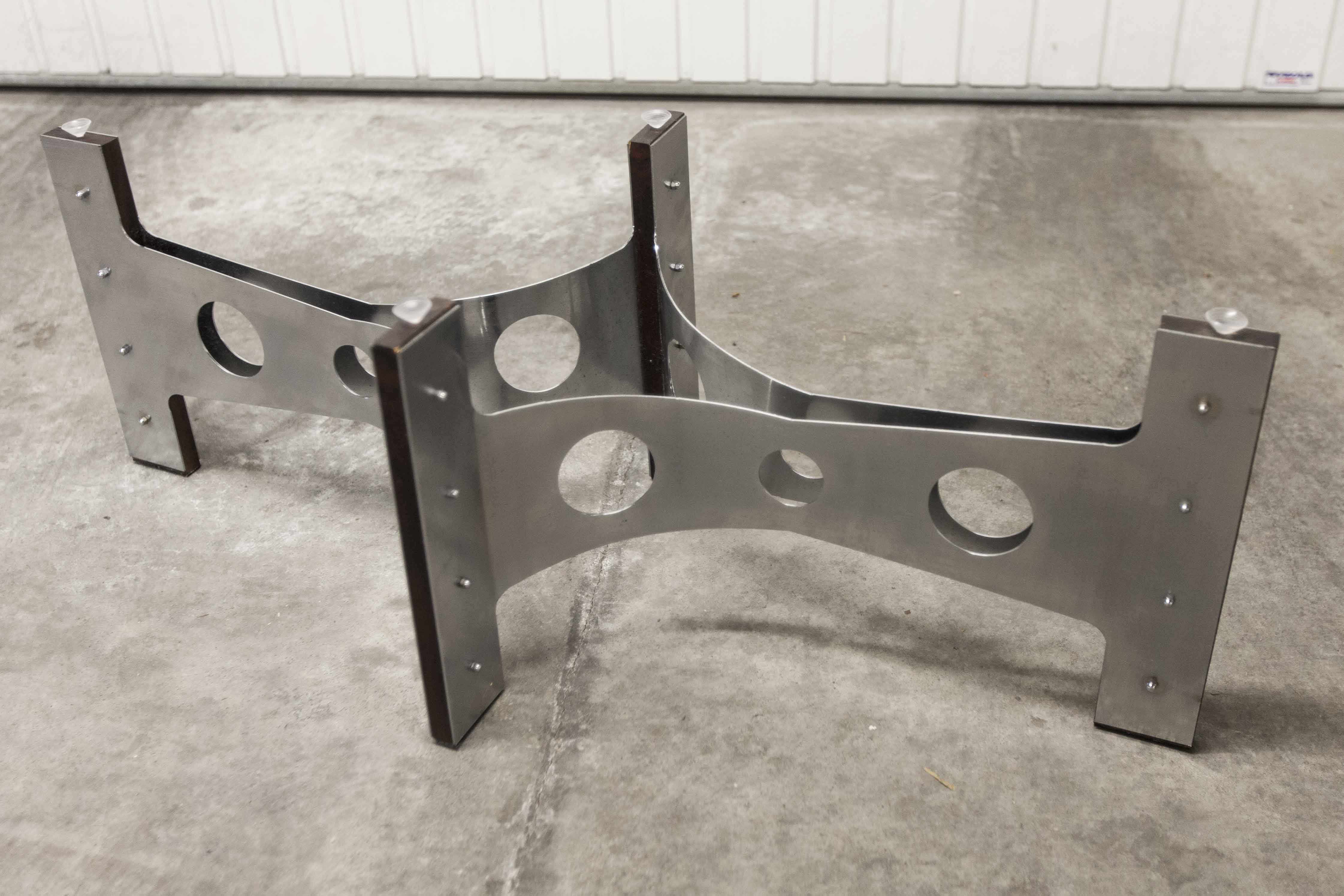 Oval coffee table 1970 feet metal and wood smoked glass