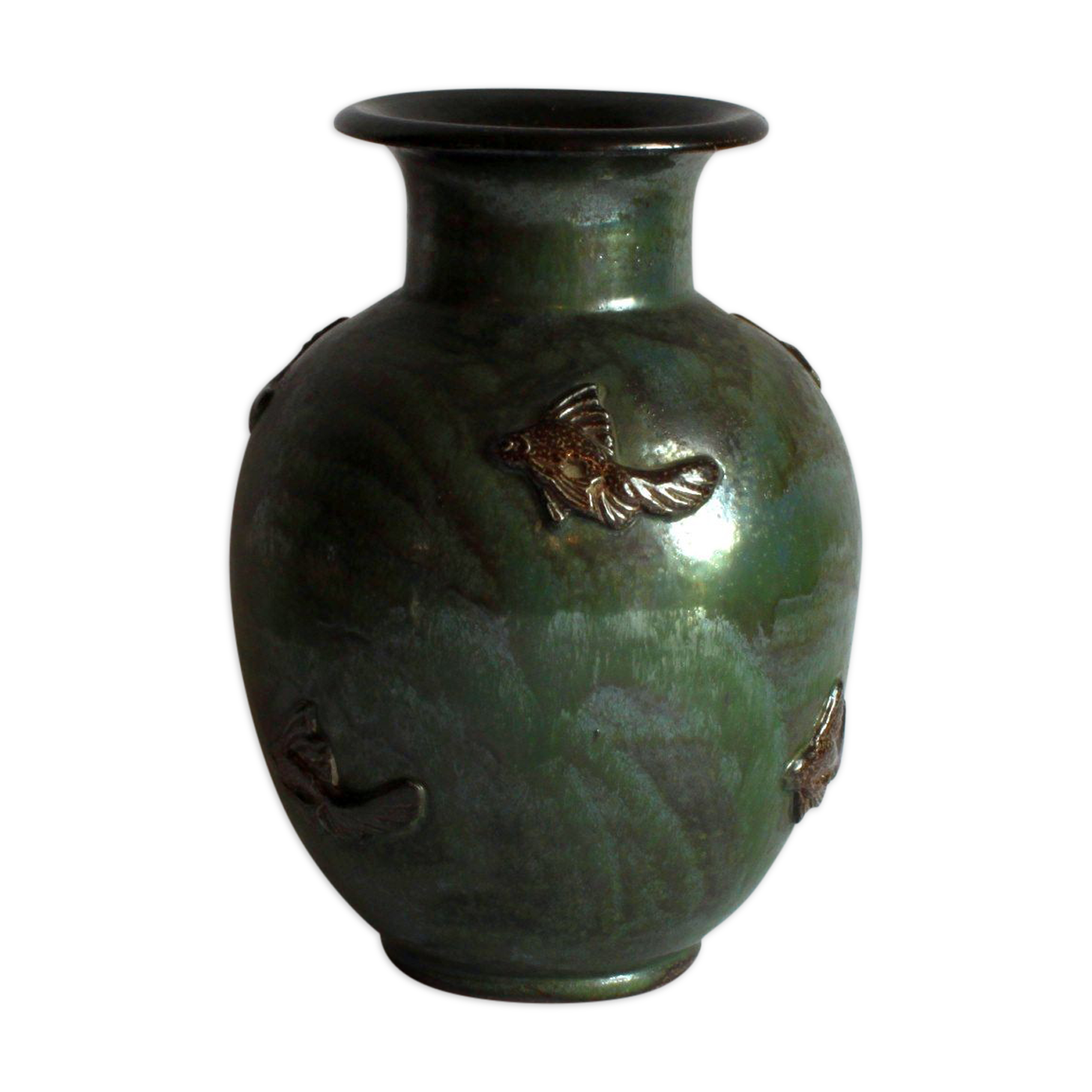 Art Deco Stoneware Vase with Fish Reliëf by Roger Guerin, Belgium, 1920s