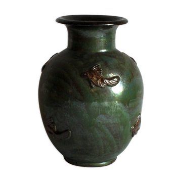 Art Deco Stoneware Vase with Fish Reliëf by Roger Guerin, Belgium, 1920s