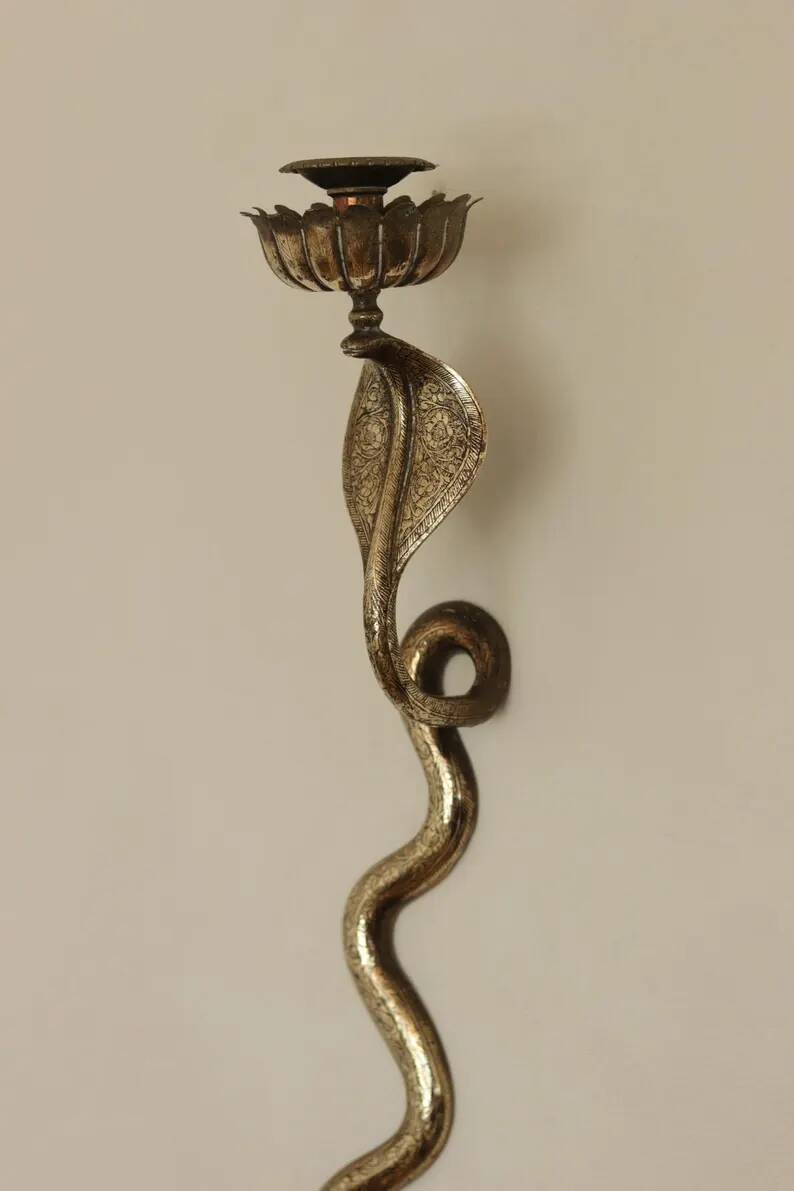 Pair of Neo-Egyptian Style Engraved Brass Wall Sconces Featuring Cobras