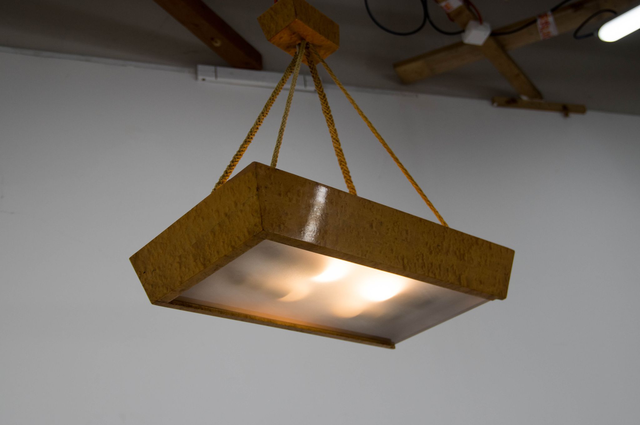 Mid-Century Wood and Glass Chandelier by Krasna Jizba, 1950s