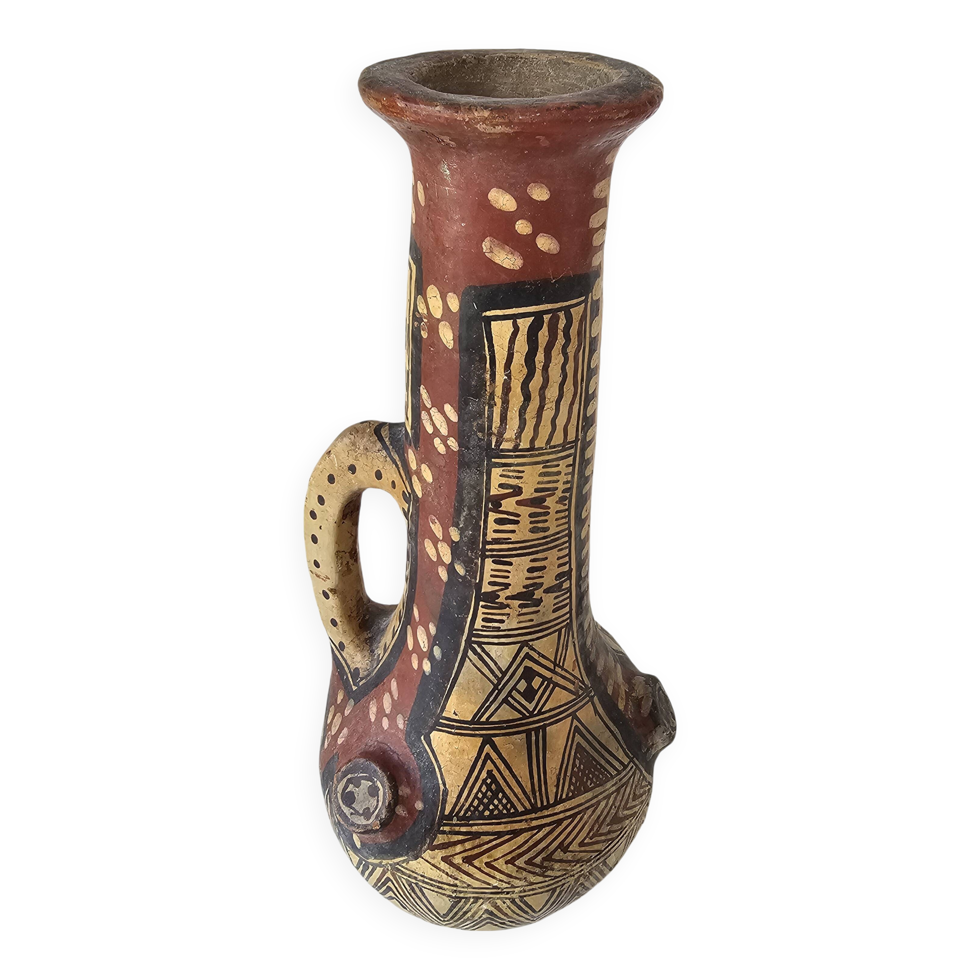 Antique Kabyle Algerian pottery vase with handle and polychrome geometric decorations