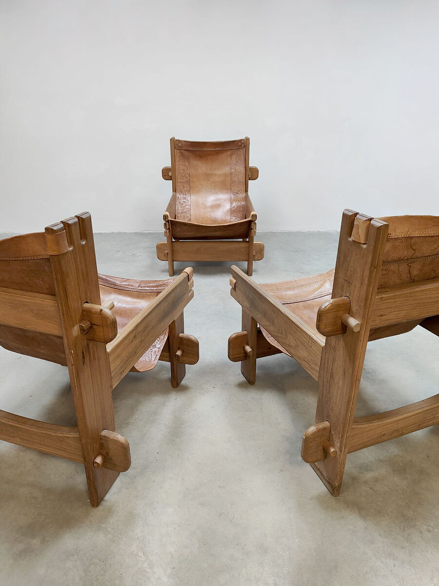 Vintage brutalist leather armchair 'Safari time'