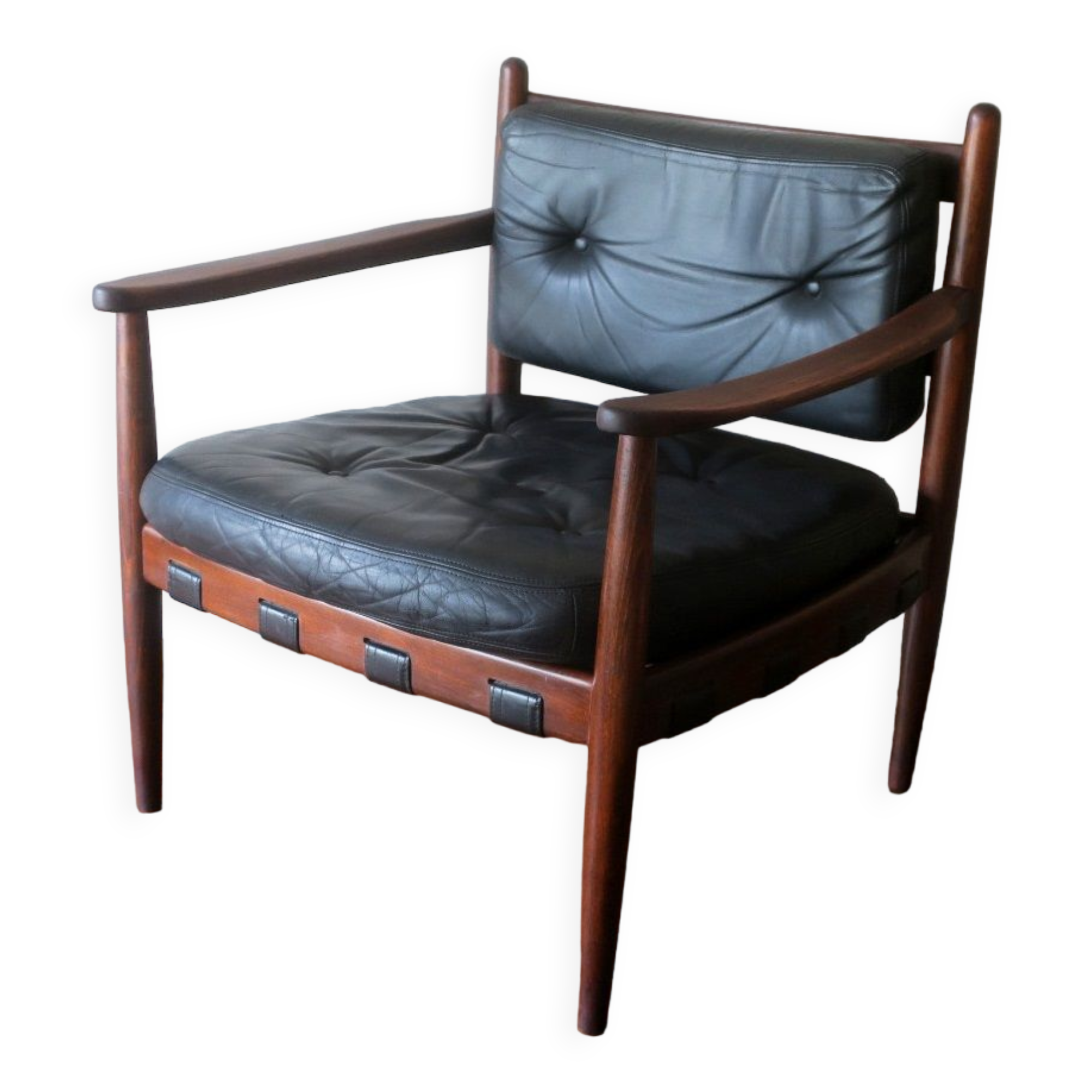 Fauteuil safari en cuir et teck Danemark 1960s
