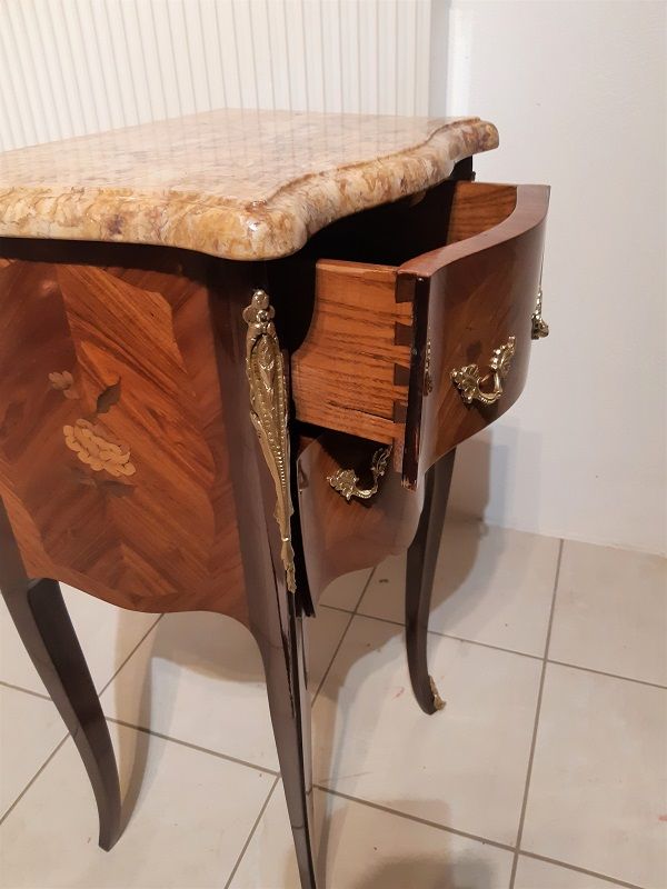 Louis XV style console bedside, curved faces, mahogany and rosewood marquetry decorated with flowers