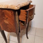 Louis XV style console bedside, curved faces, mahogany and rosewood marquetry decorated with flowers