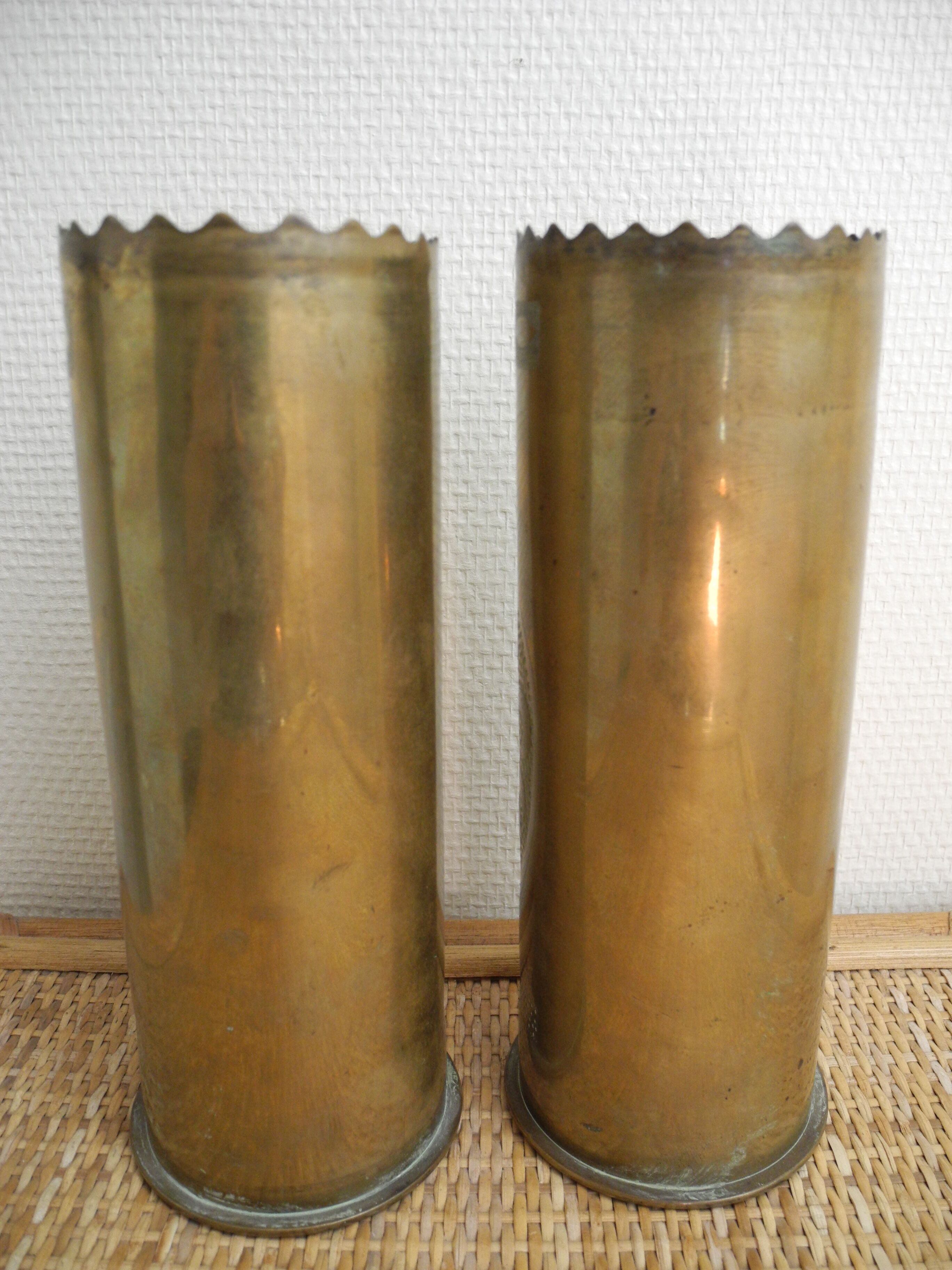 Pair of vases with engraved shell casings, WW1 trench art