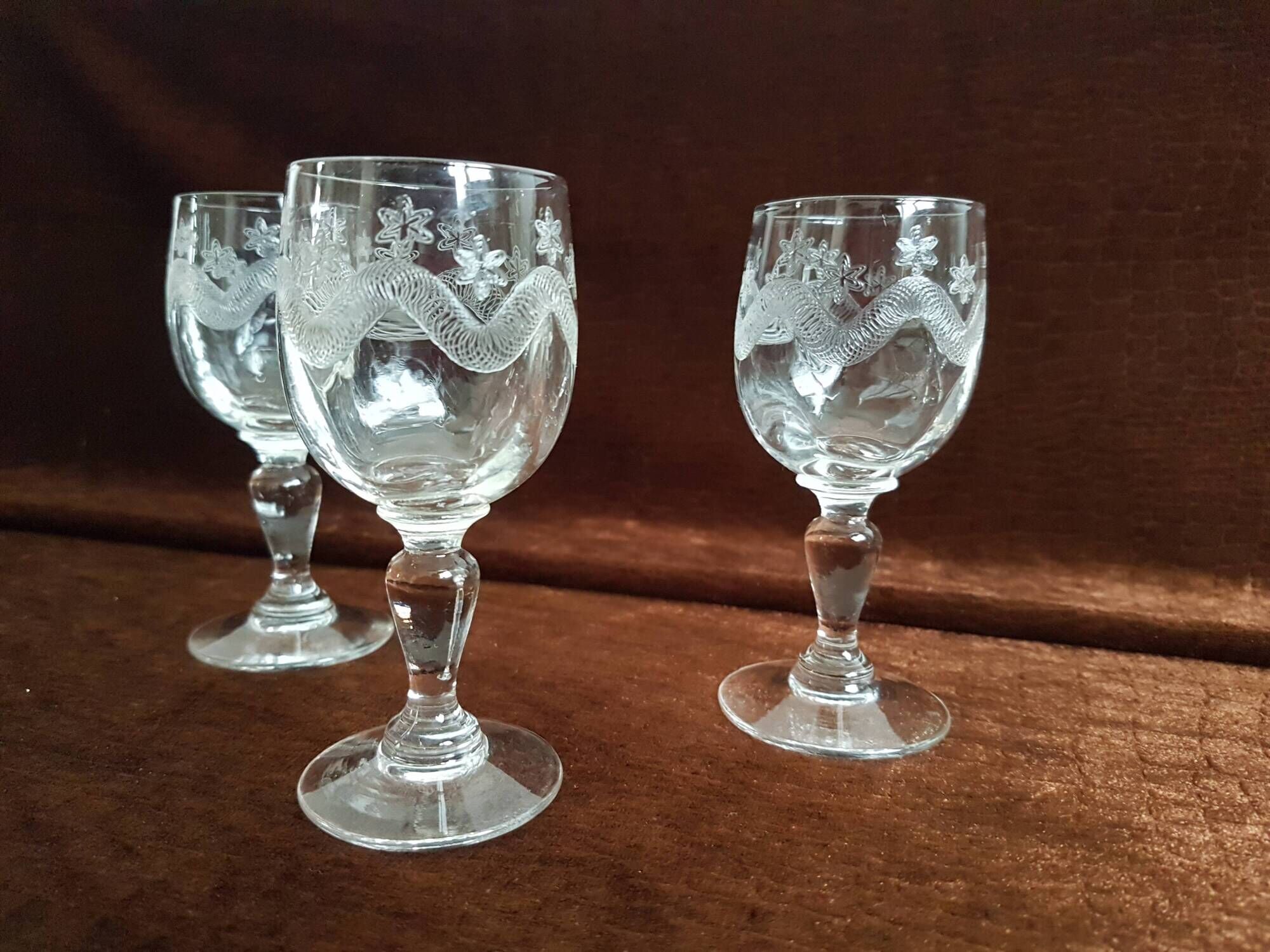 3 small crystal walking glasses fine decoration- very good condition