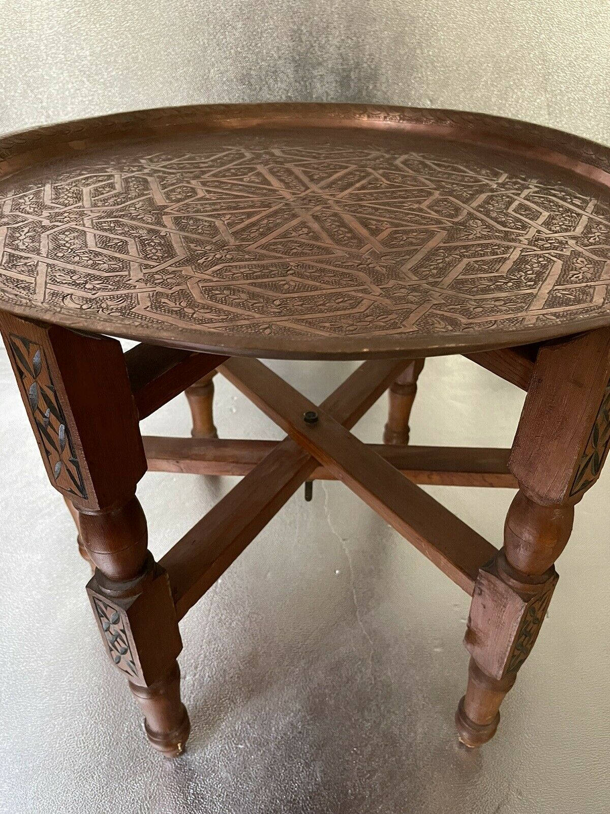 Oriental tea table, moroccan, copper top, engraved wood base, ethnic