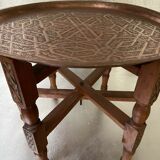 Oriental tea table, moroccan, copper top, engraved wood base, ethnic