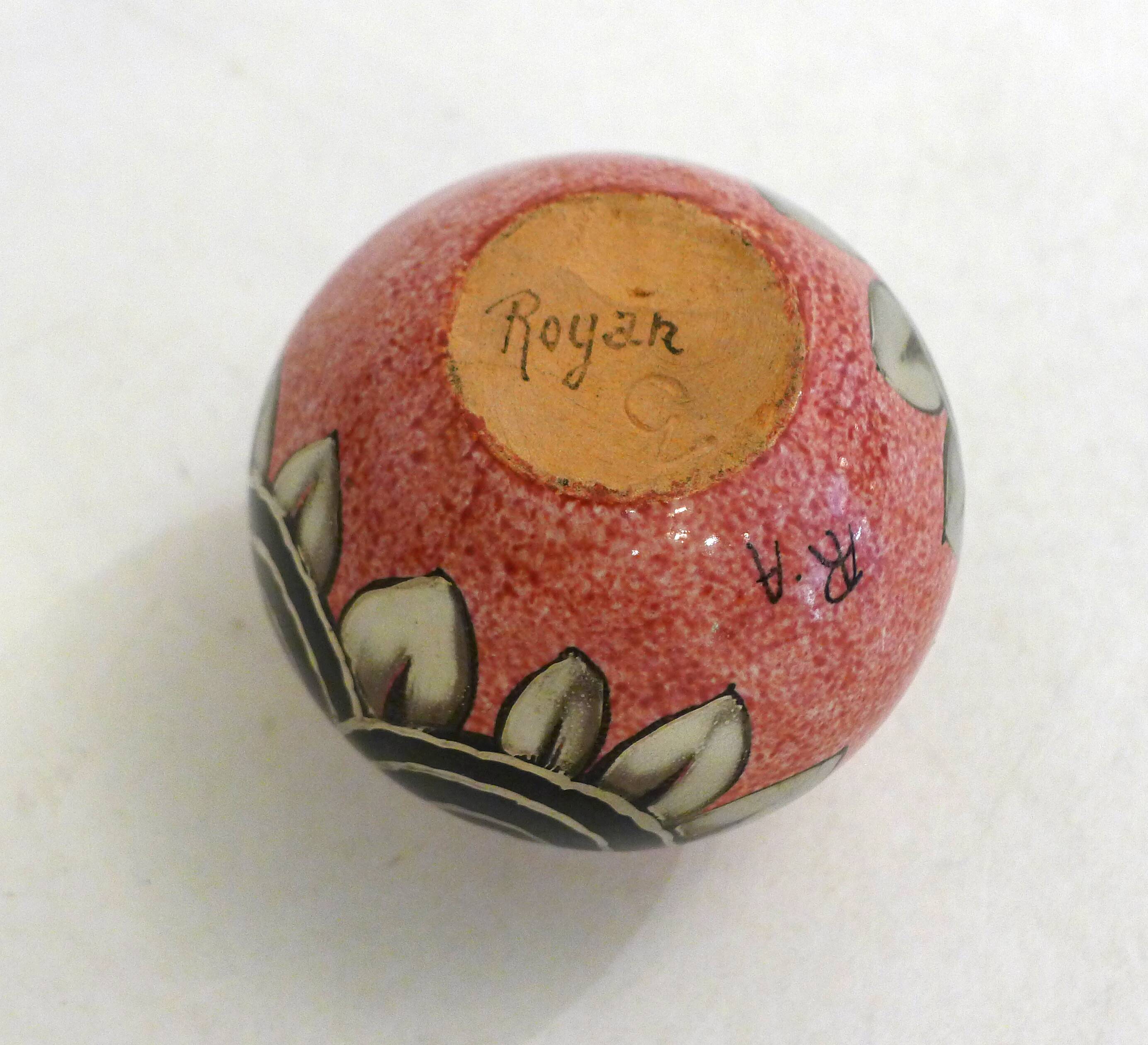Small Art Deco round vase signed A. Renoleau, stylised floral decoration 1920s.