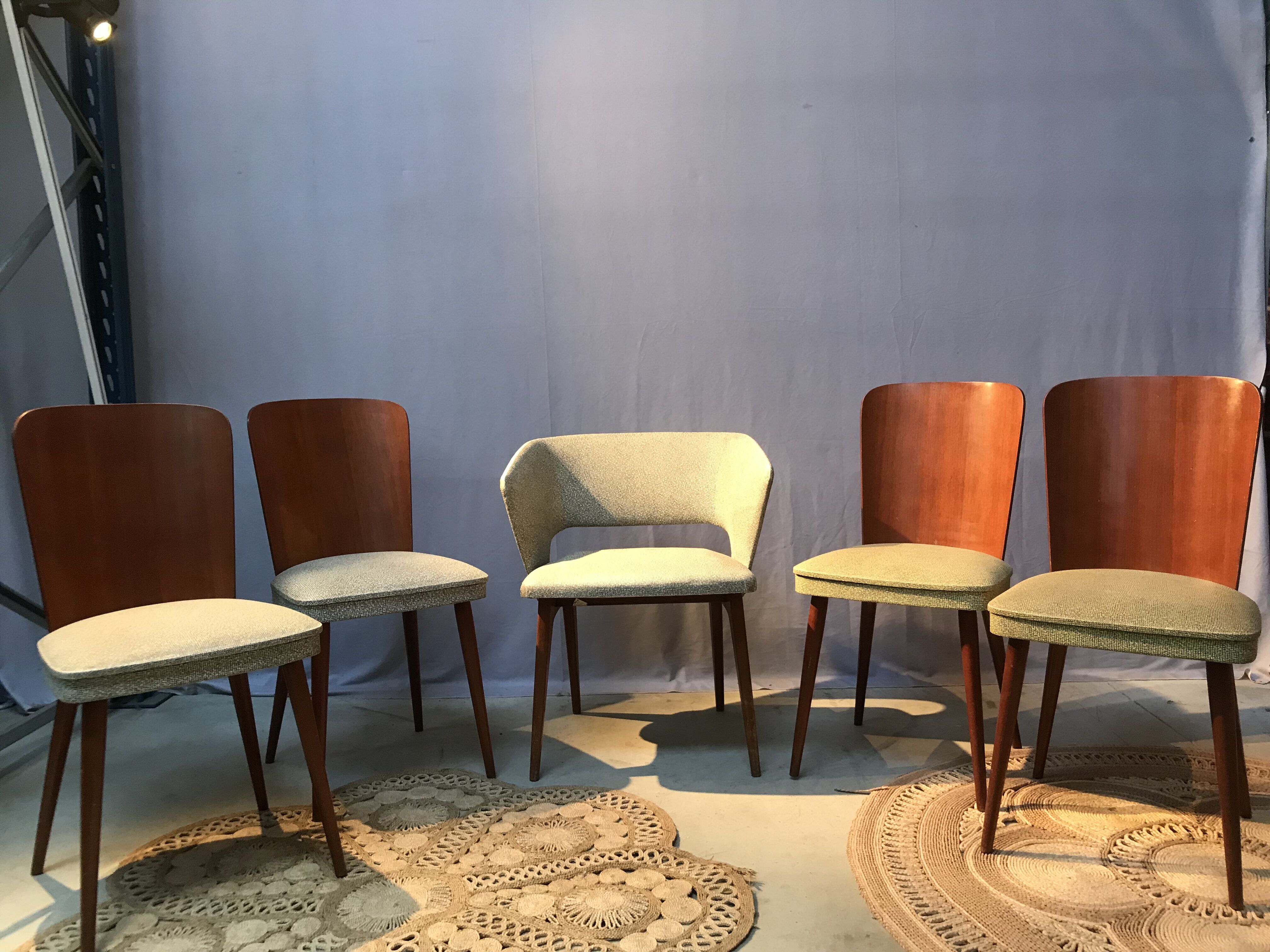 Set of 4 chairs and 1 armchair design 50s