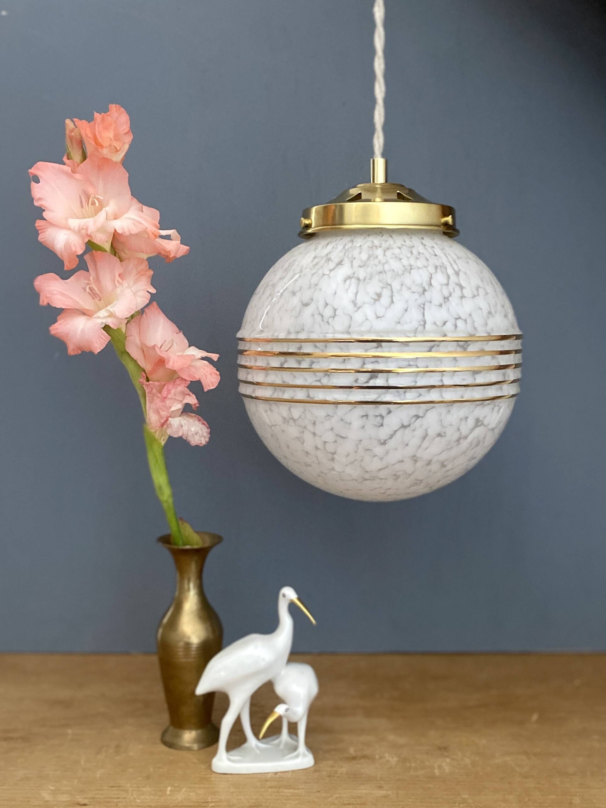 Vintage white Clichy glass globe pendant light