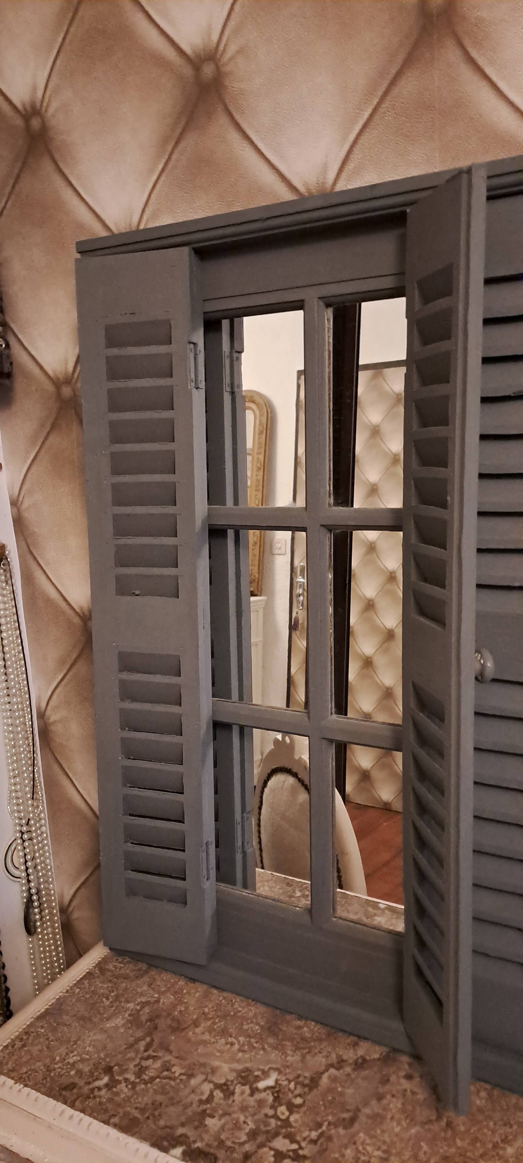 Dark grey wooden trompe l'oeil shutter mirror 1990 / wall decoration object Shutter-style mirror