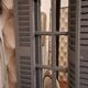 Dark grey wooden trompe l'oeil shutter mirror 1990 / wall decoration object Shutter-style mirror