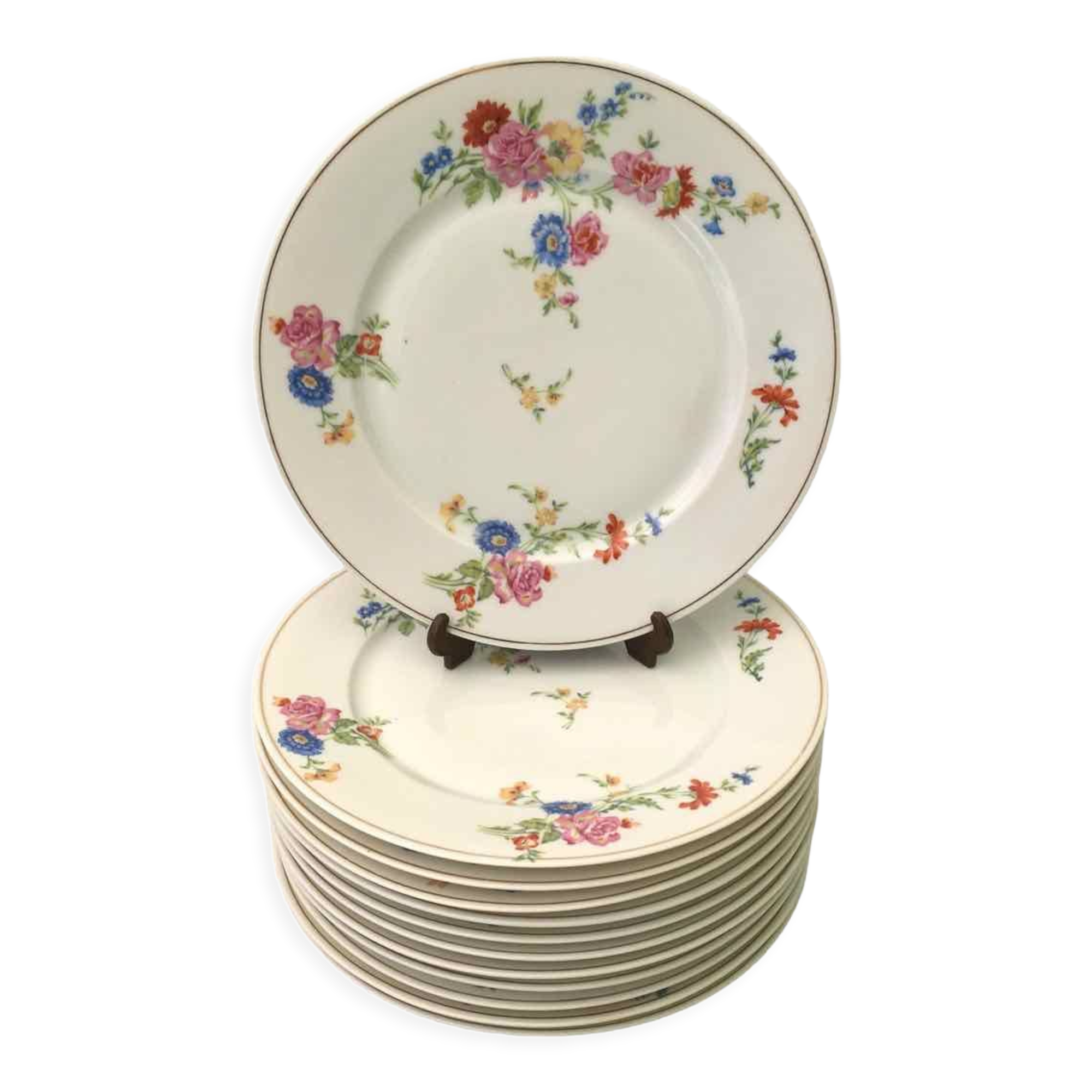 Set of 12 flat plates flowered porcelain
