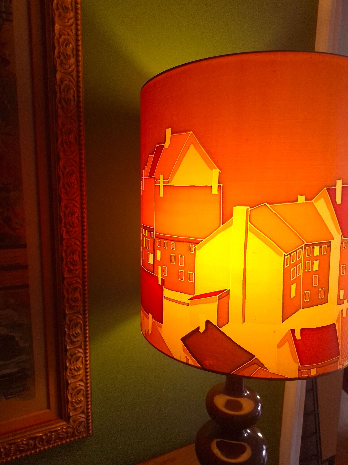 Vintage 70s lamp with a silk shade.