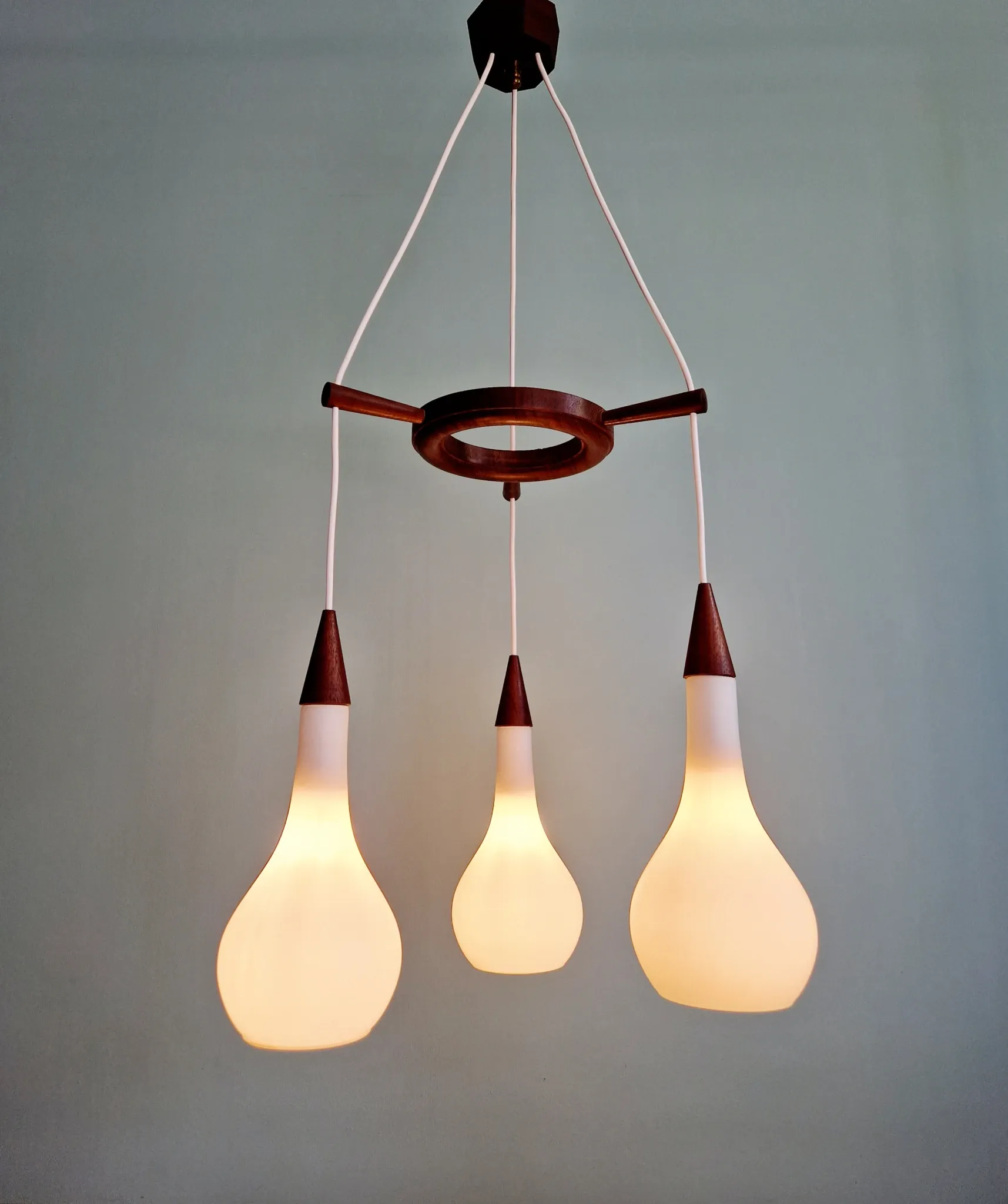 Scandinavian teak and satin white glass chandelier, 1960