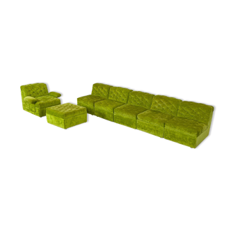 Green vintage velvet modular lounge sofa and armchair and ottoman