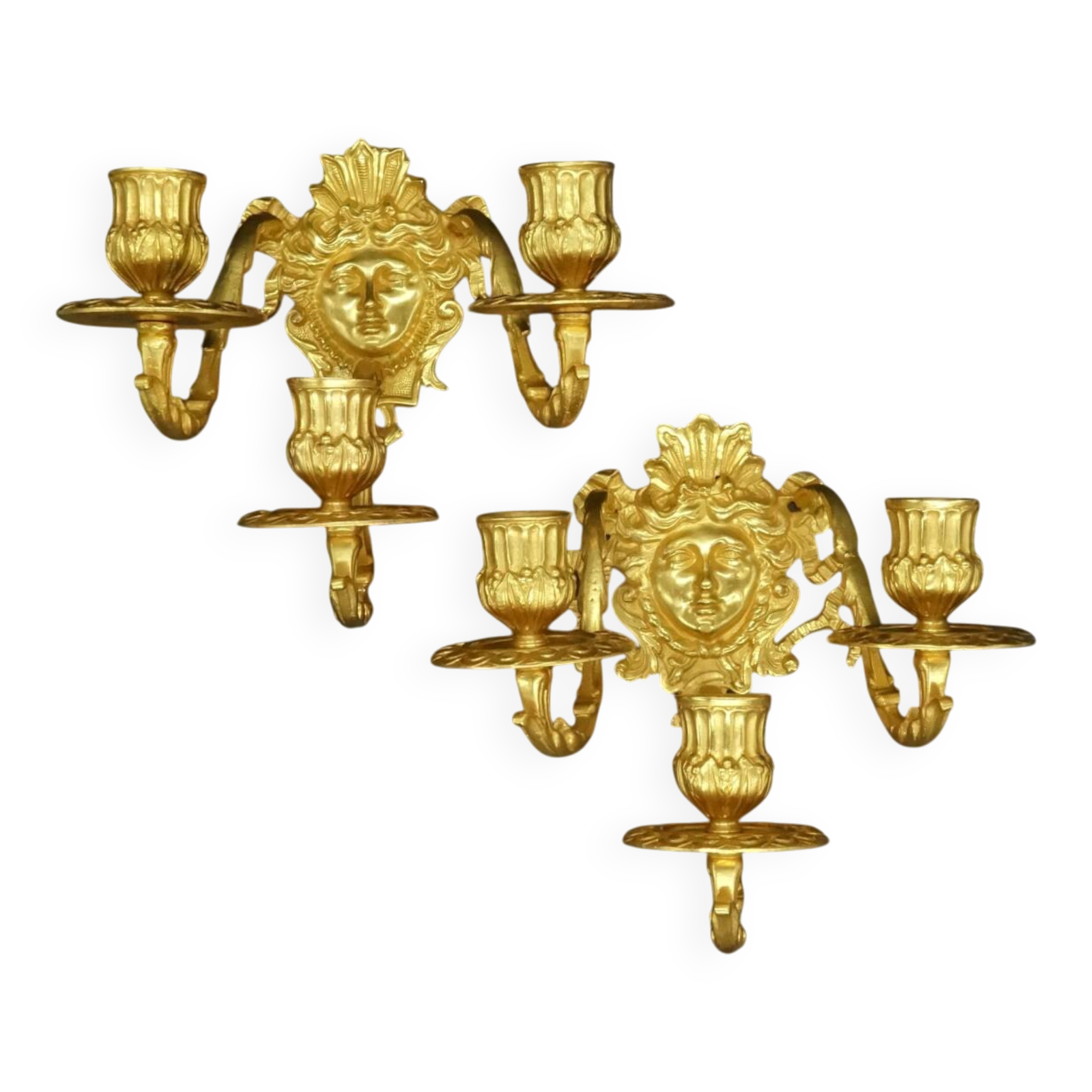 Pair of wall sconces with female masks, Napoléon III period, 19th century - bronze