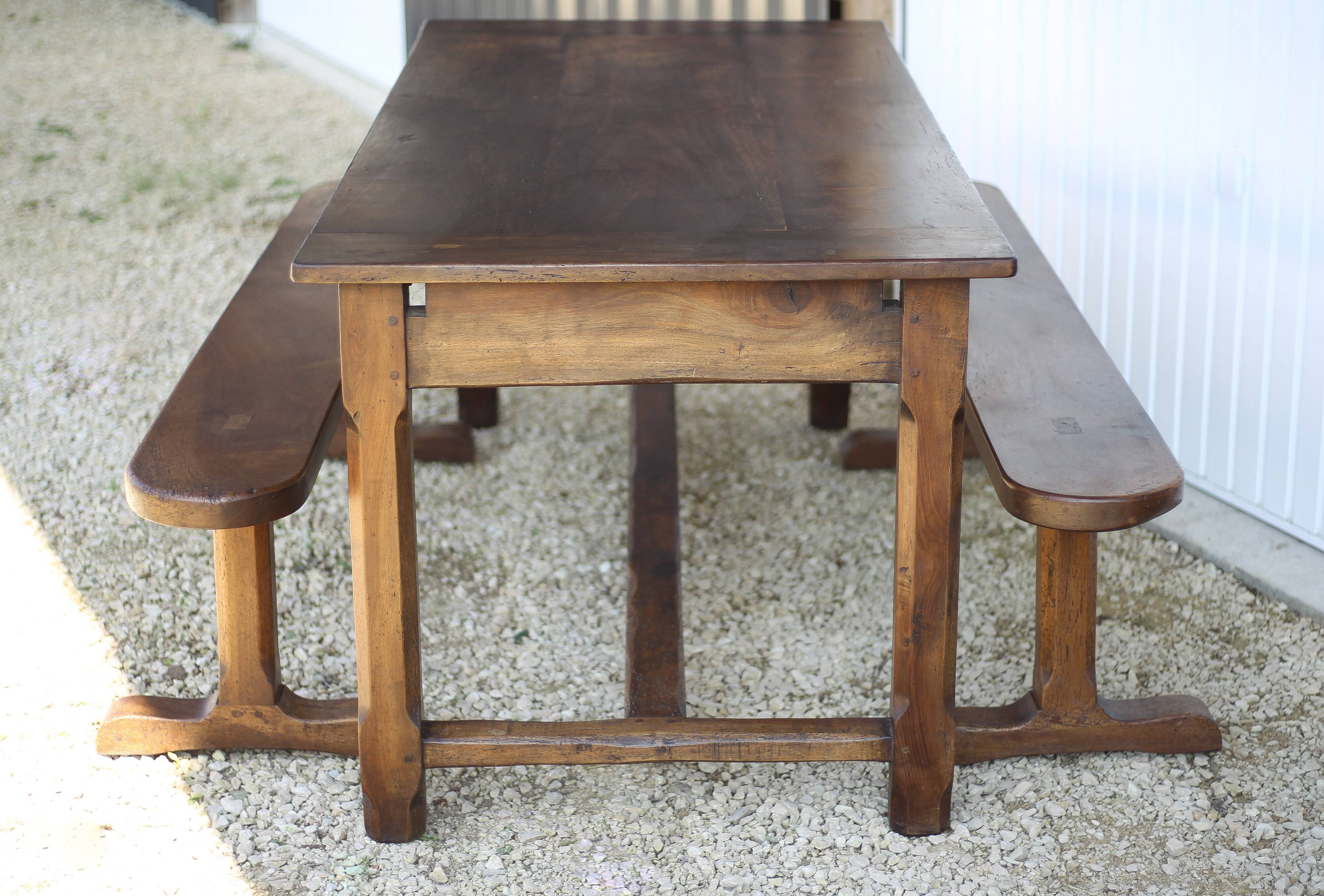Farmhouse table and two benches, antique wooden farmhouse table, living room furniture, country style, chalet style, decor