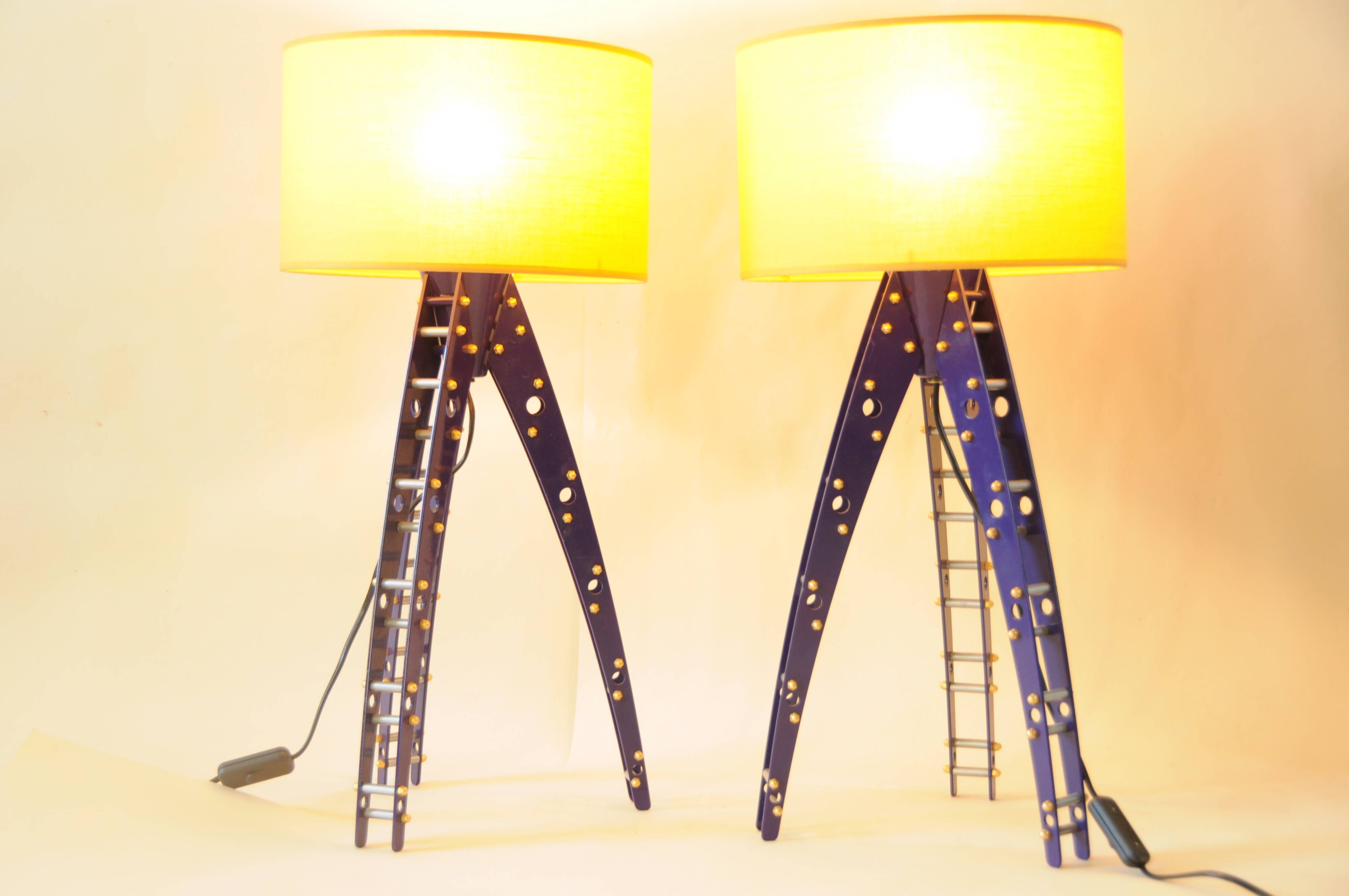 Pair of blue industrial design lamps with yellow shades - Space Age Rocket