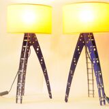 Pair of blue industrial design lamps with yellow shades - Space Age Rocket