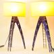Pair of blue industrial design lamps with yellow shades - Space Age Rocket