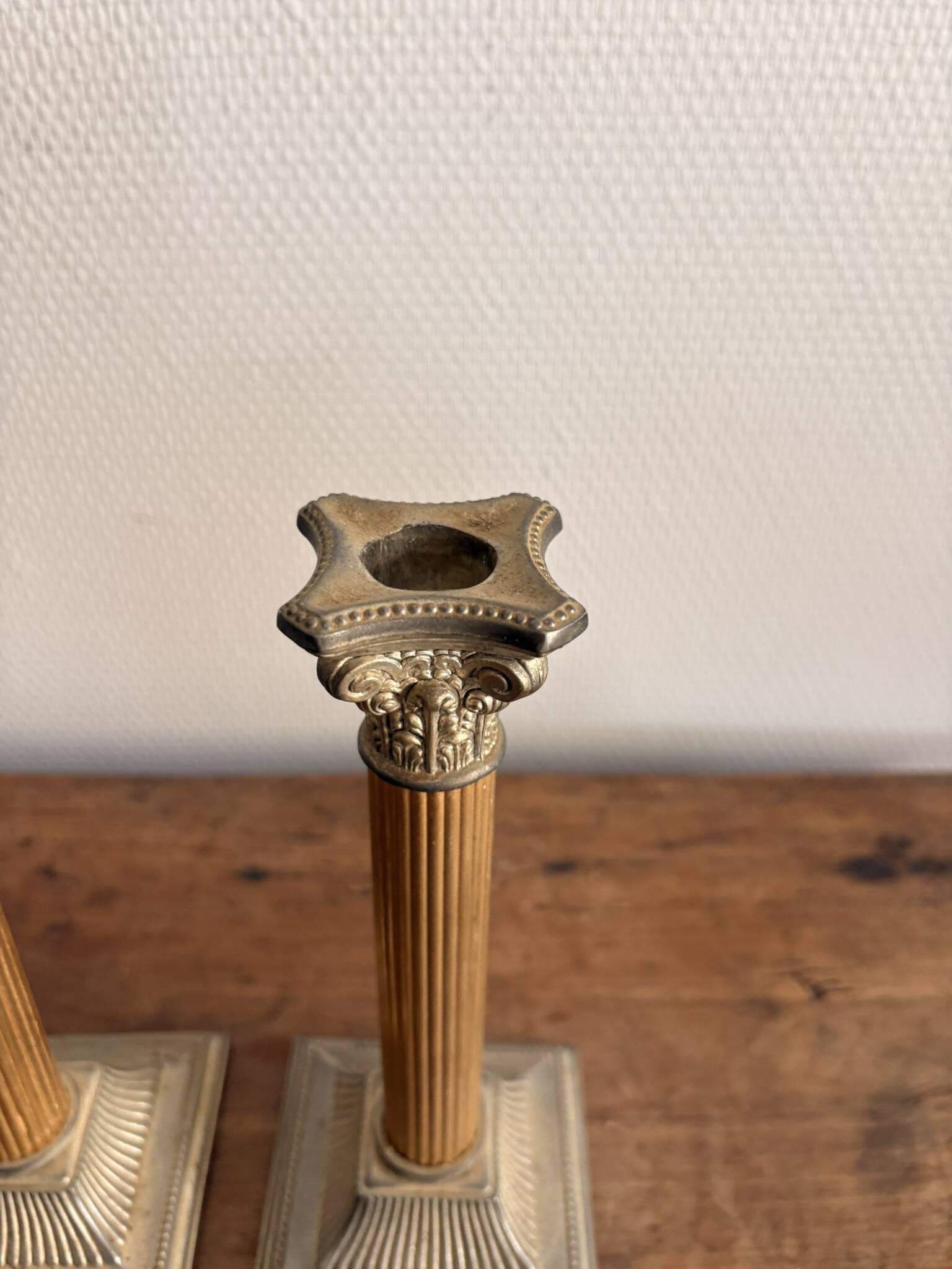 Pair of Silver Metal Candle Holders Neo-Classical Fluted Corinthian Column