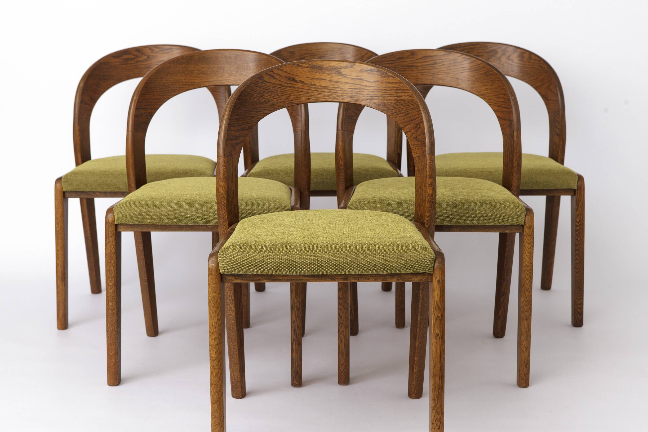 Set of 6 Mid Century Dining Chairs, Baumann Gondola Chairs 1970s, Oak Wood
