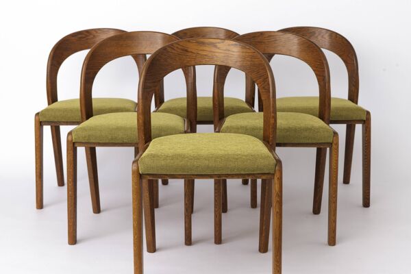 Ensemble de 6 chaises de salle à manger Mid Century, chaises Gondola Baumann des années 1970, en bois de chêne.
