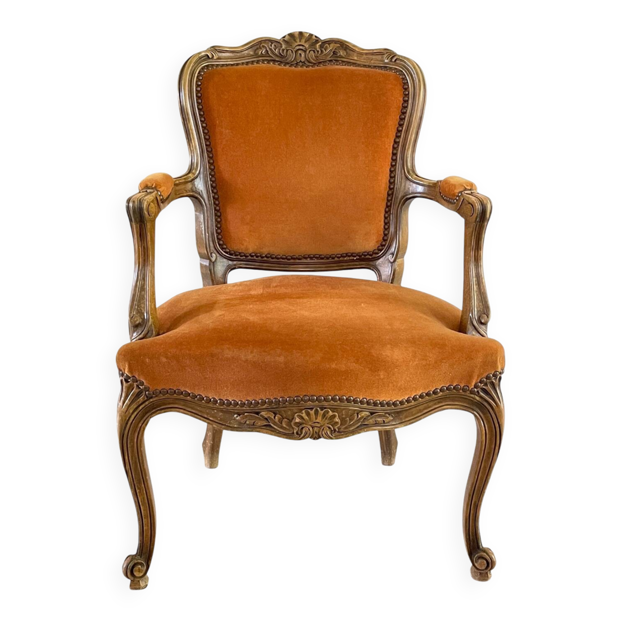Vintage French Curry Velvet Cabriolet Armchair