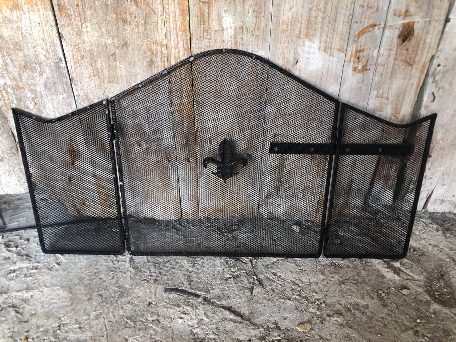 Grilled Fire Screen Fireplace 3 Shutters Black Metal Fleurs De Lys Vintage #A344