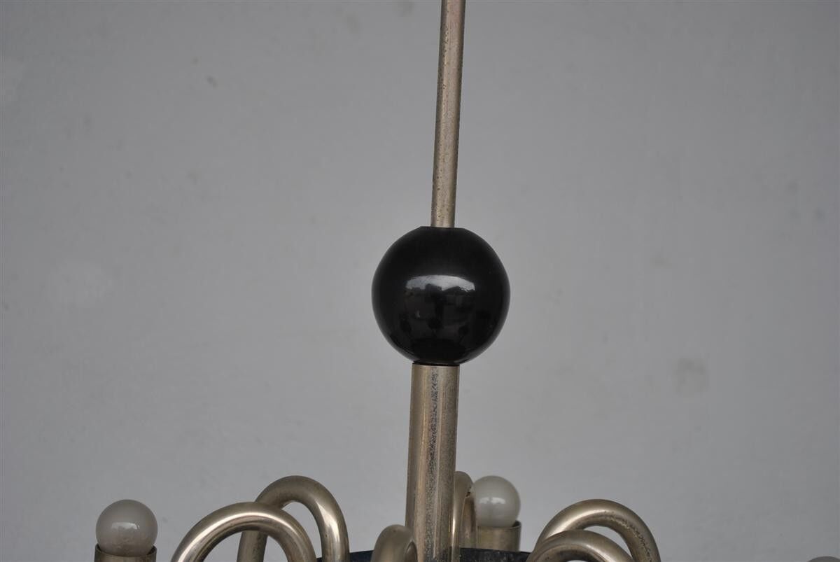 Chandelier 1930 tubular arms to 6 lights black opaline cups