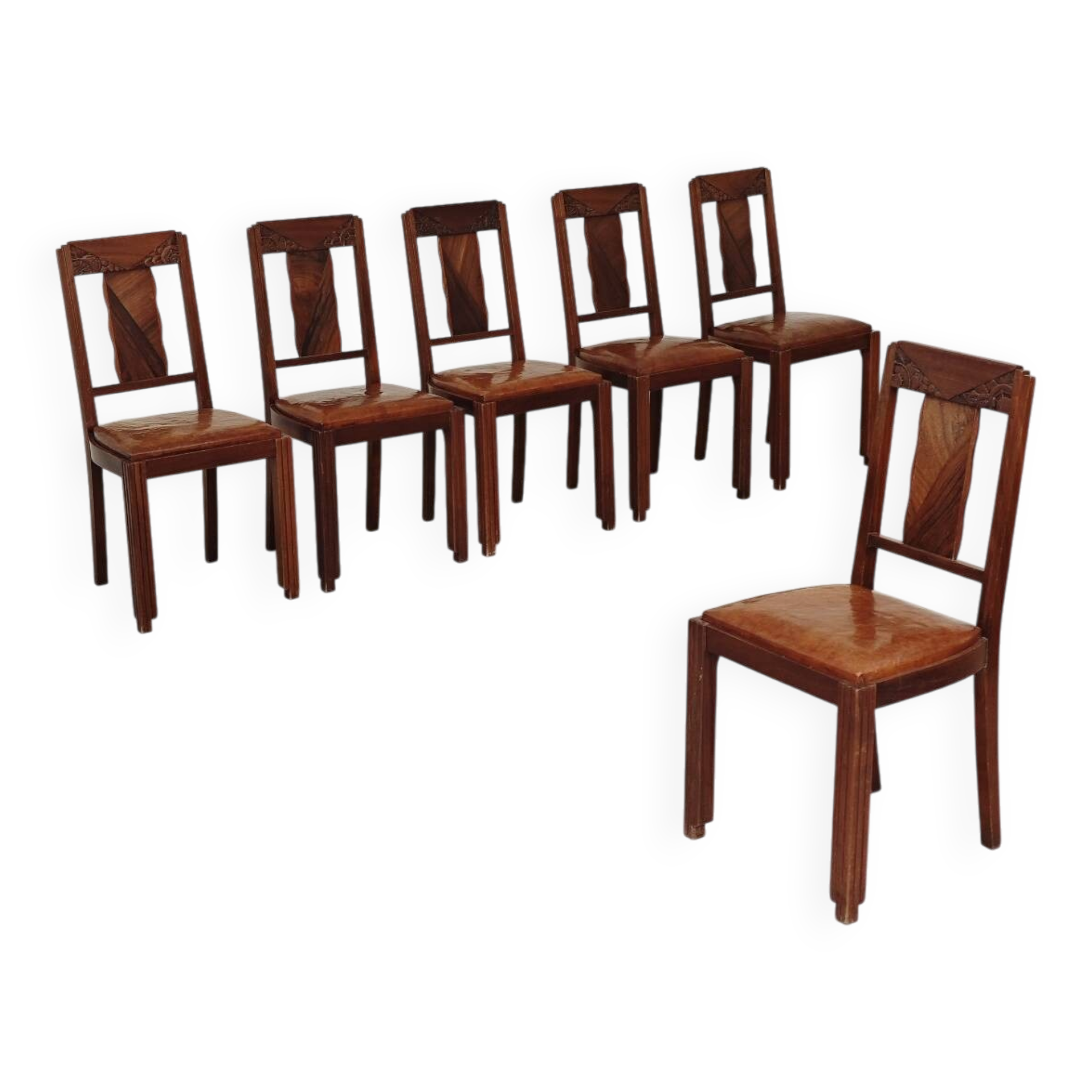 Set of 6 Art Deco chairs in Oak and Walnut with camel leather.