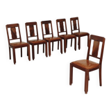 Set of 6 Art Deco chairs in Oak and Walnut with camel leather.